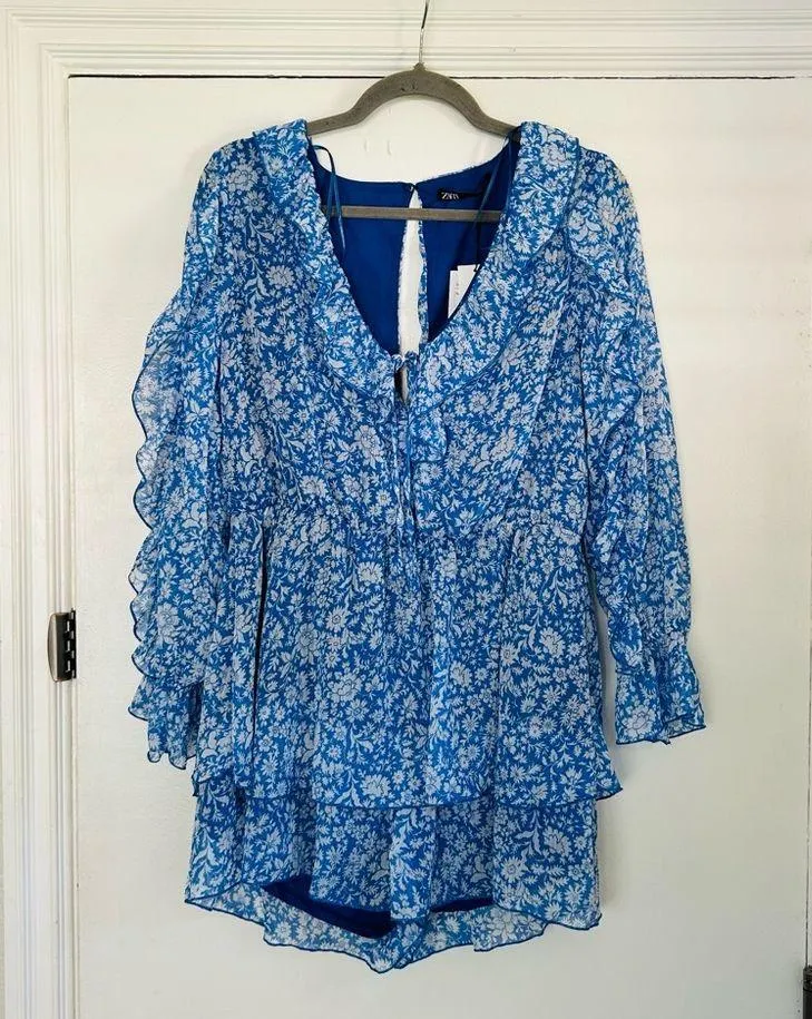 Zara Blue White Floral Ruffle Long Sleeve Short Romper NWT L - Image 3