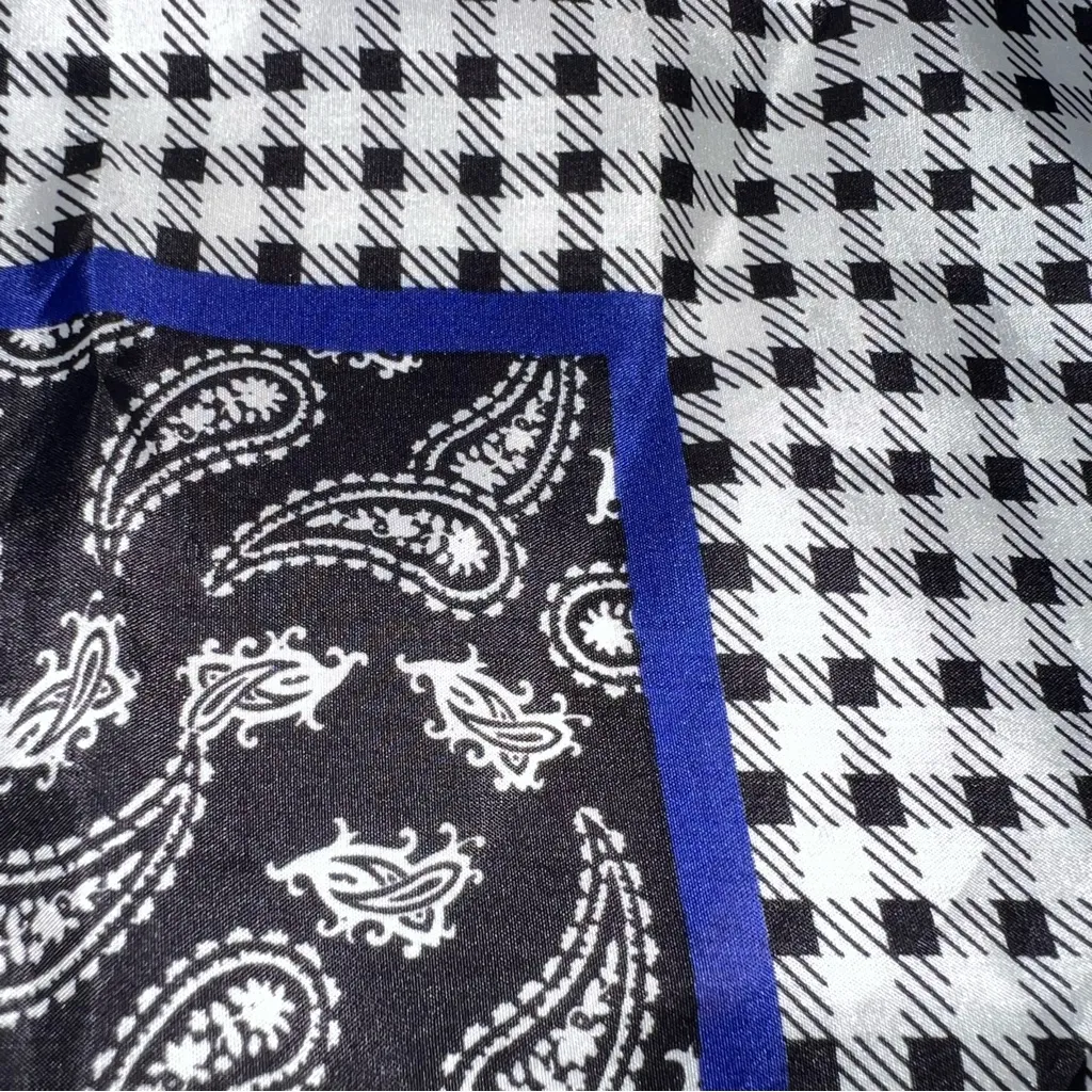 Leslie Fay 100% Silk Scarf Black, White w/Blue & CheckerBoarders Paisley Center - Image 3