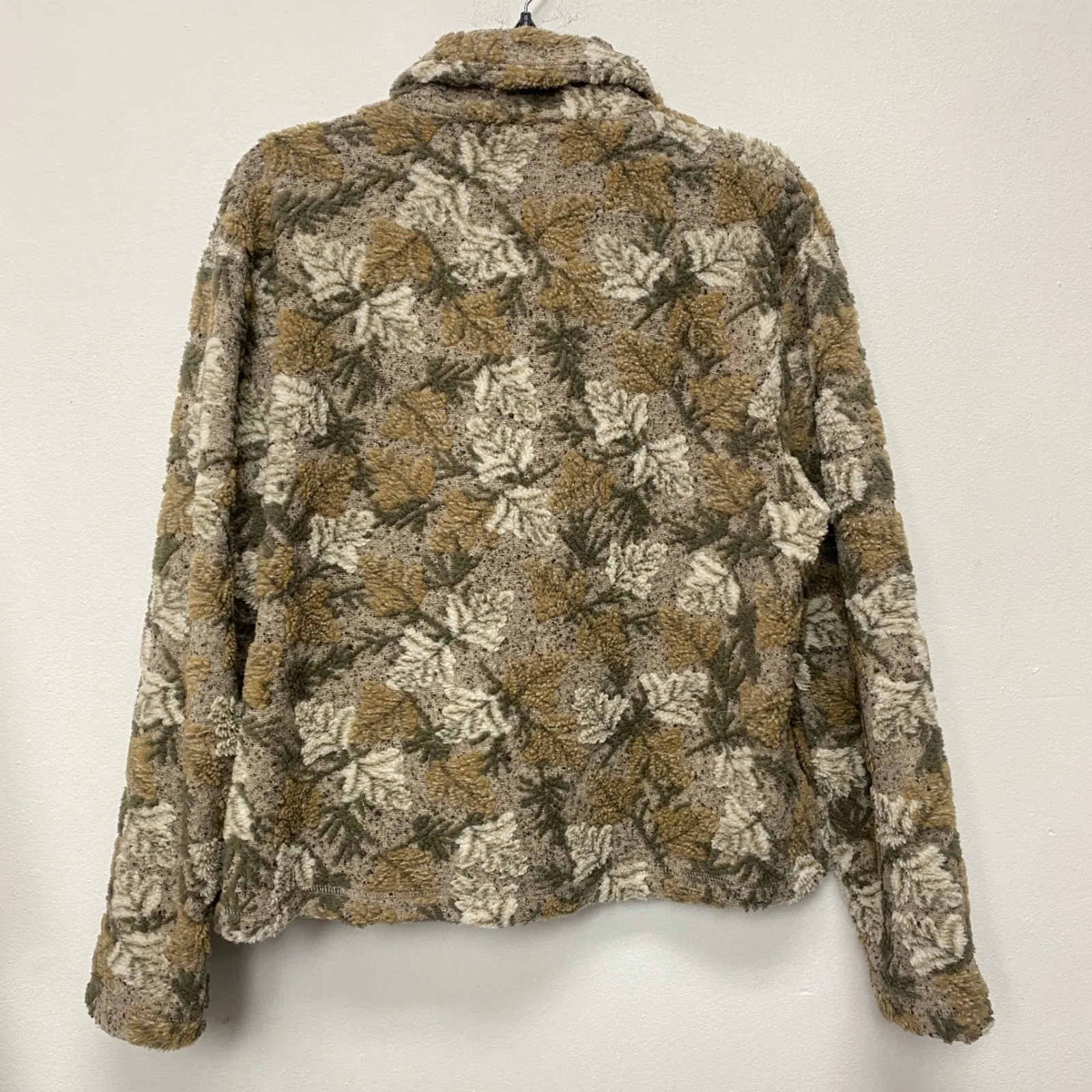 Lonergan Leaves Pattern Teddy Button Up Jacket Brown Beige Women's Medium - Image 5