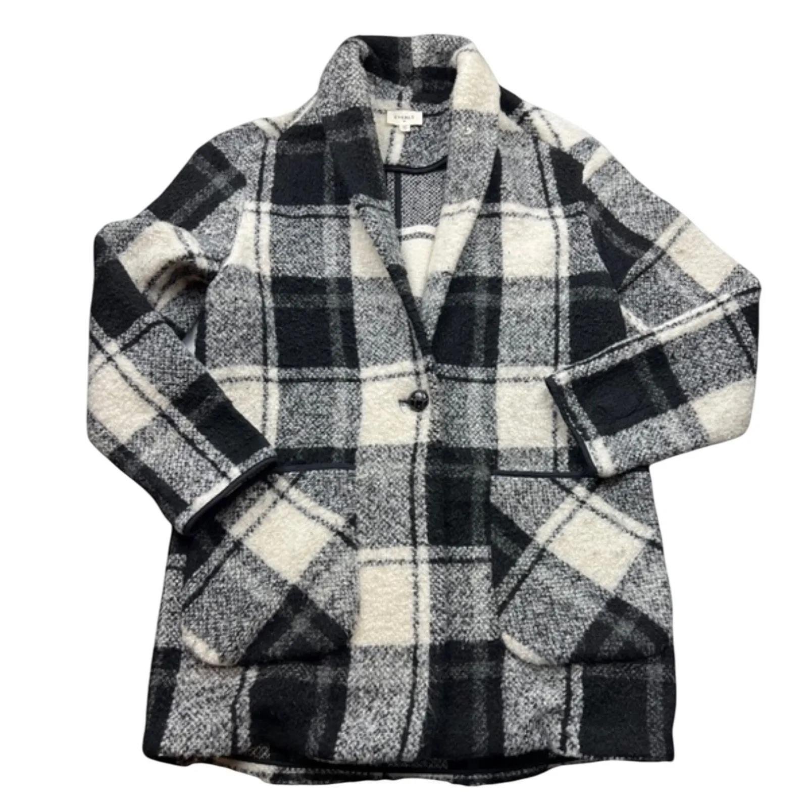 Everly Plaid Fuzzy Jacket Black White Button Front Collared Coat Size M - Image 5