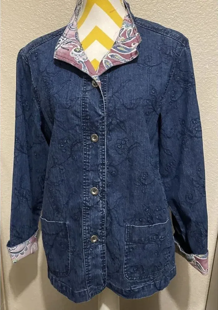 Alfred Dunner Womens Denim Jacket Floral Foilage Blue Embroidered Top Stitch 10 - Image 1