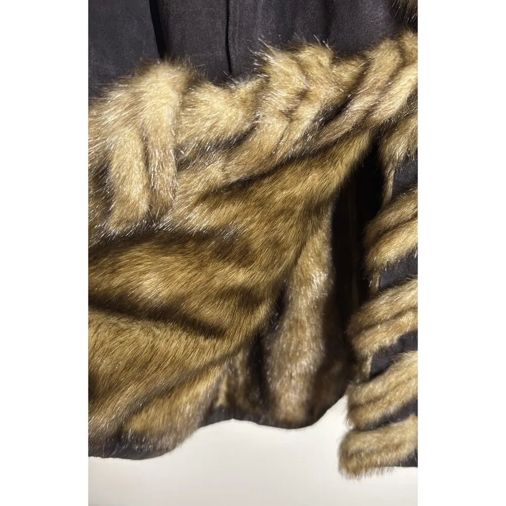 Dennis Basso Coat Womens 2X Brown Leather Faux Fur Trim Hooded Button Long - Image 9