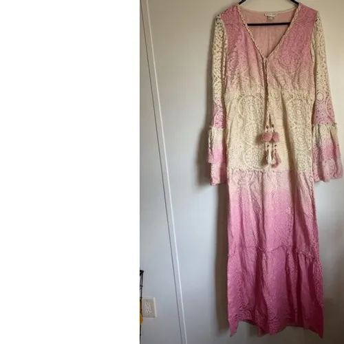 Venus Womens Long Crochet Embroidered‎ Pink White Floral Ombre Maxi Dress sz M - Image 4