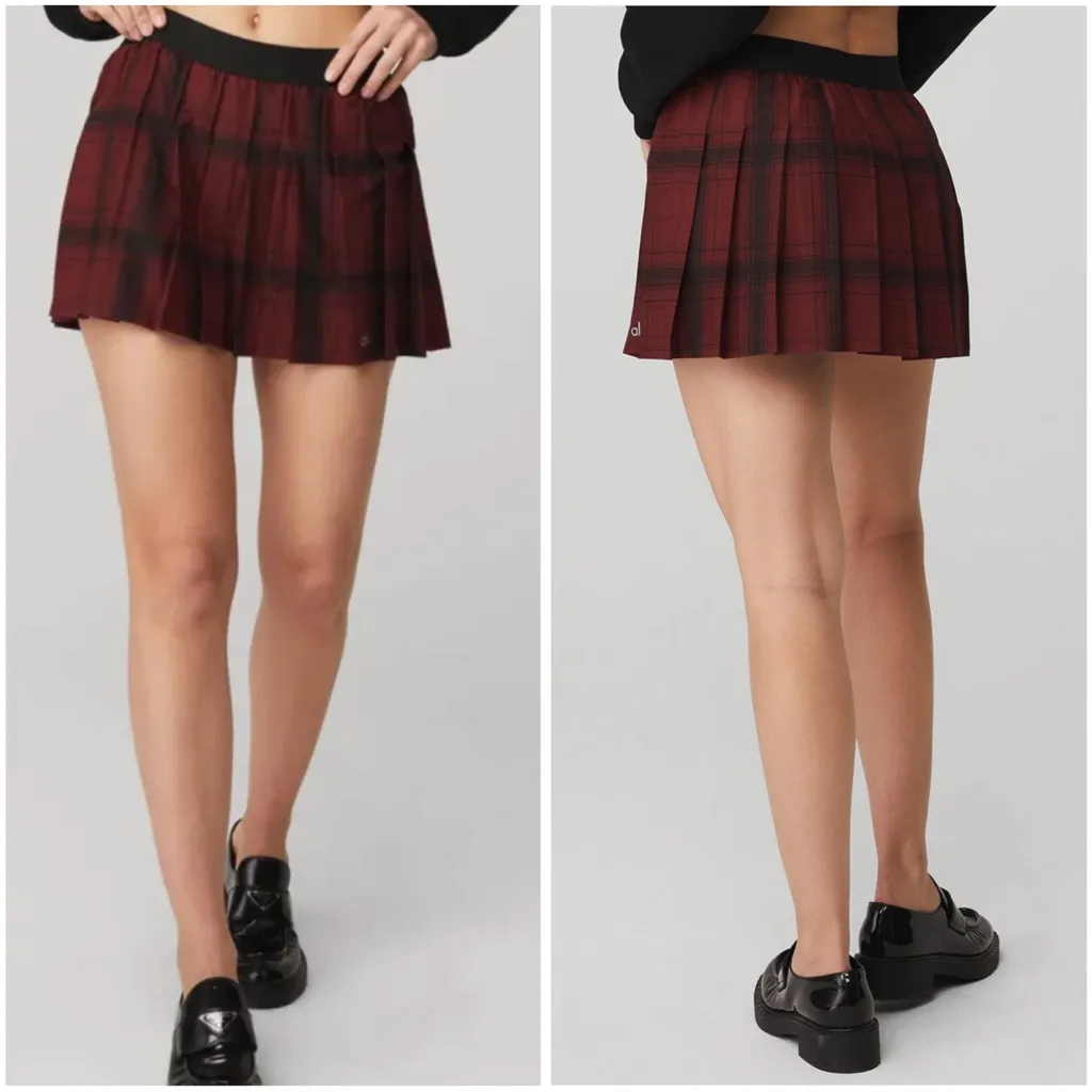 ALO Yoga Legacy Plaid Varsity Tennis Skirt Cranberry Black, S - Image 2
