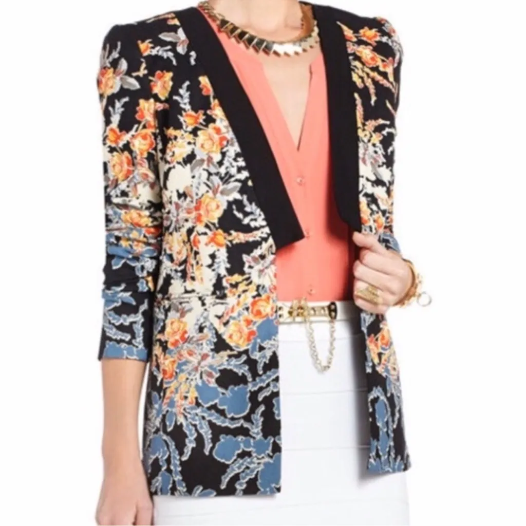 BCBGMAXAZRIA Floral Blazer Jacket Black Lapel Statement Career Chic Size M - Image 2