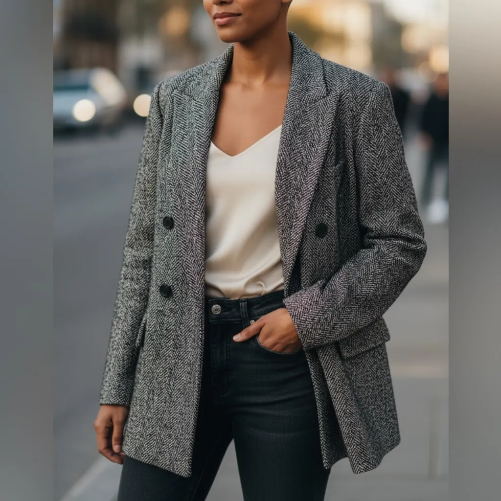 H&M Gray & White Double Breasted Blazer(Size Medium) - Image 2