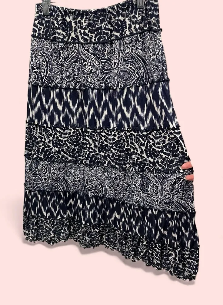Cute navy white multiprint ruffle boho maxi elastic waist pull on skirt flowy - Image 2