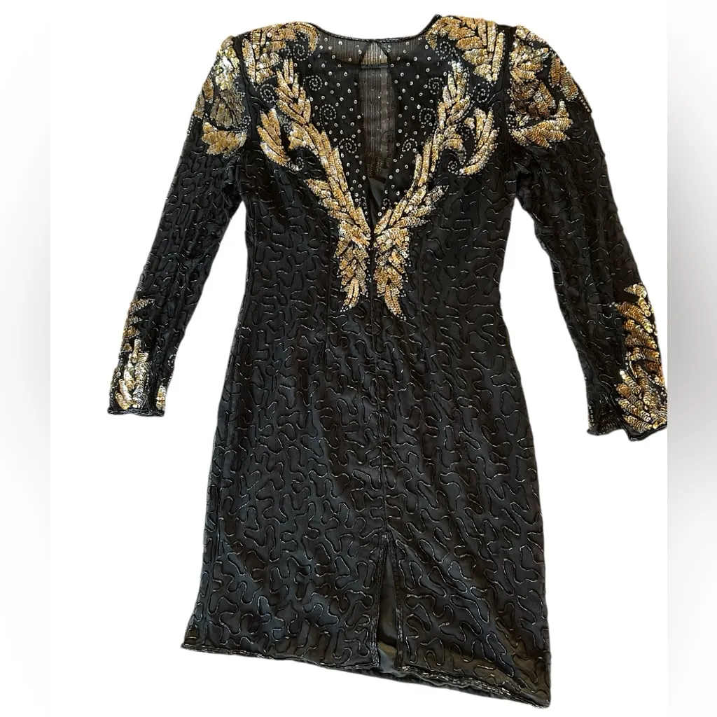 Vintage 80s Laurence Kazar Cocktail Party Black Gold Sequined Beaded Silk Dress - Image 2