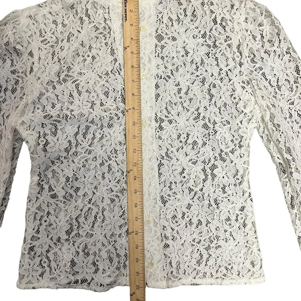 Vintage Avon Fashion Women's White Floral Lace Collared Button Up Shirt - Image 6