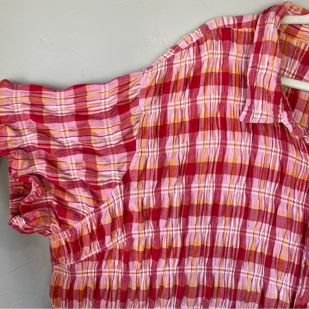 Plaid smocked button up 4x colorful top blouse ruffle feminine gingham cute Pink - Image 4