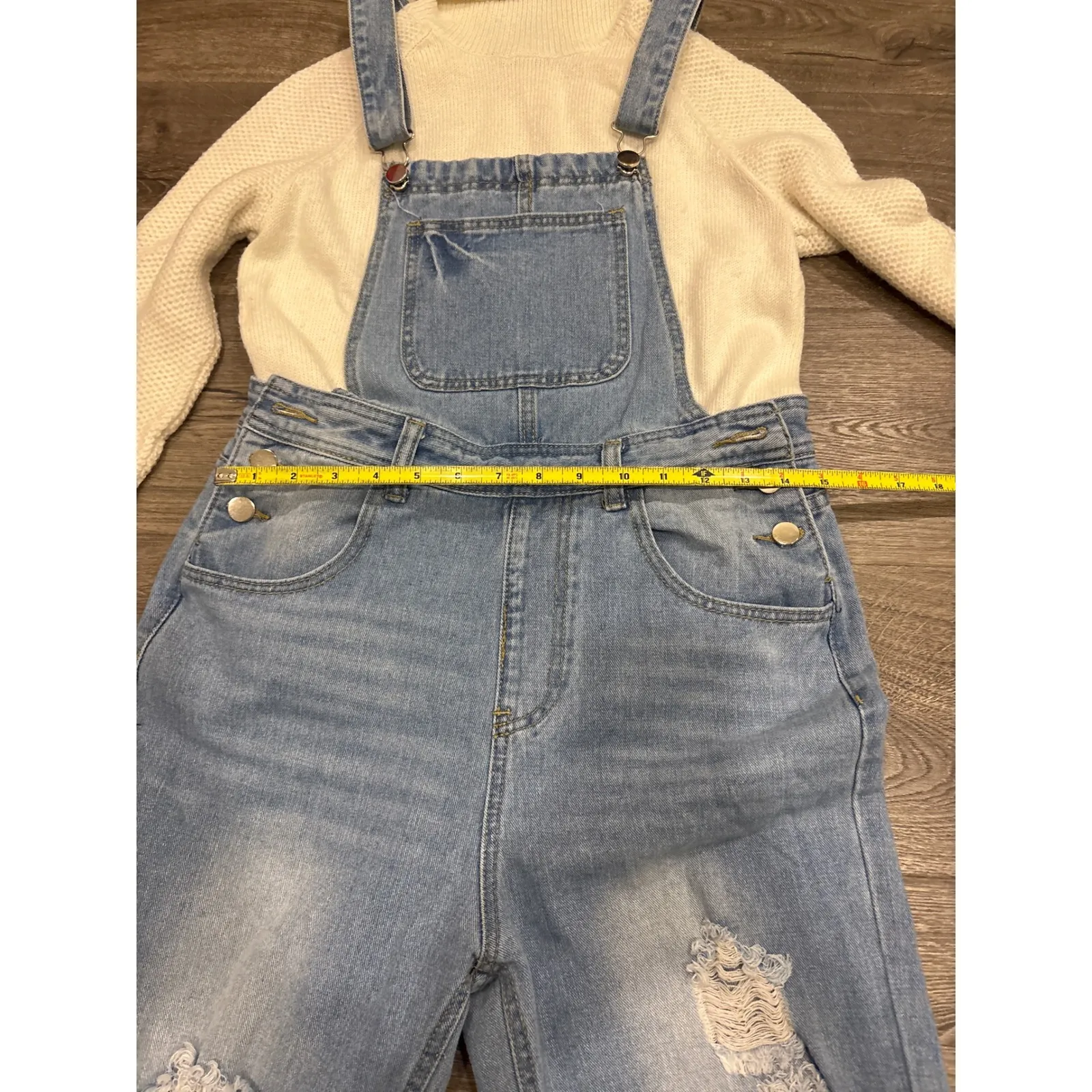 Womens Distressed Denim Jean Overalls Light Wash Relaxed Fit Cropped Leg Size S Blue - Image 5