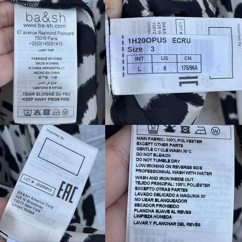 BA&SH Opus Animal Print Blouse in black and ecru size L /8 - Image 14