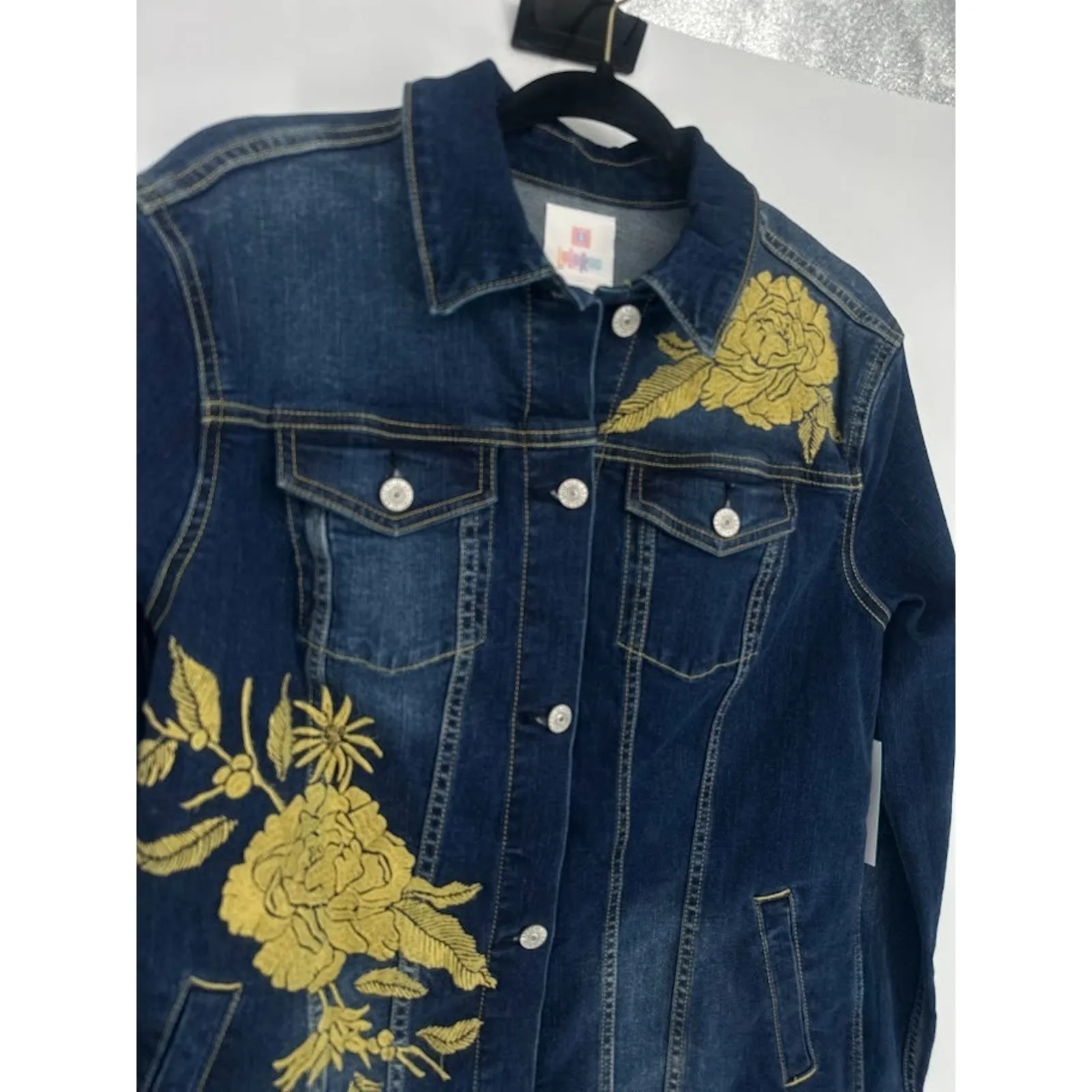 Lularoe Jean Jacket Women Medium Boho Gold Embroidery Flowers Dark Denim Pockets - Image 3