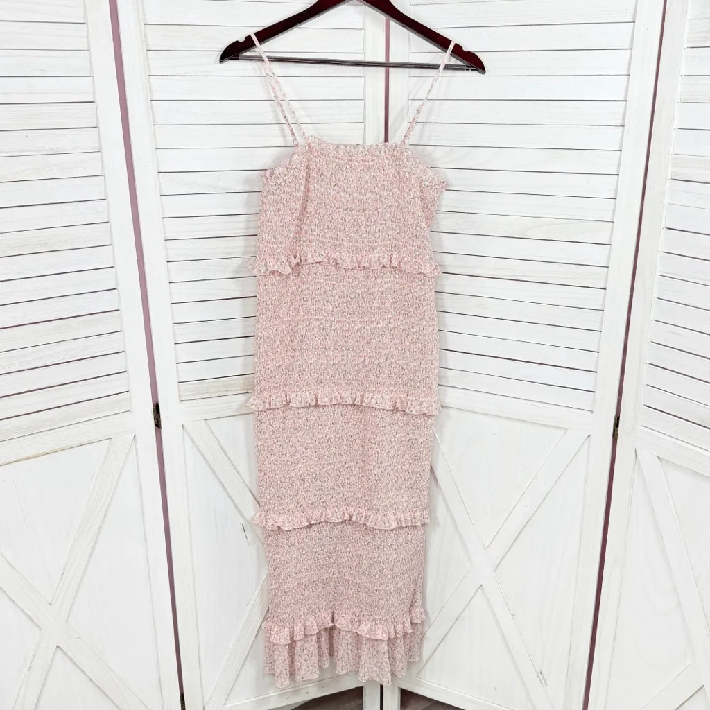 Mabel Daphne Ditsy Flower Ruffe Trim Smocked‎ Midi Long Tube Dress Pink Large - Image 10