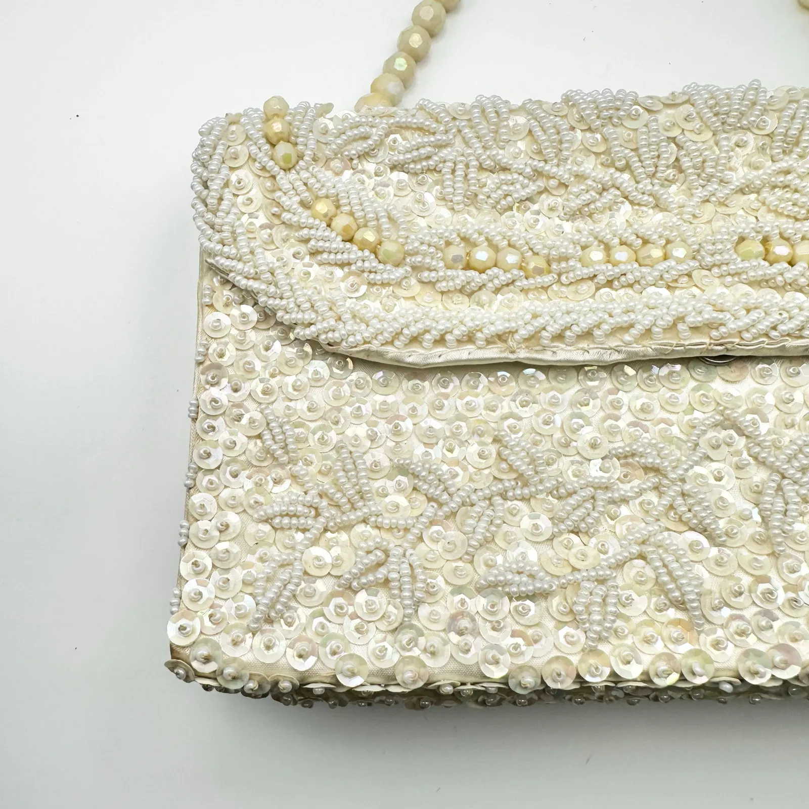 Vintage Ivory Silk Bead Sequin Double Flap Evening Top Handle Bag Hong Kong - Image 2