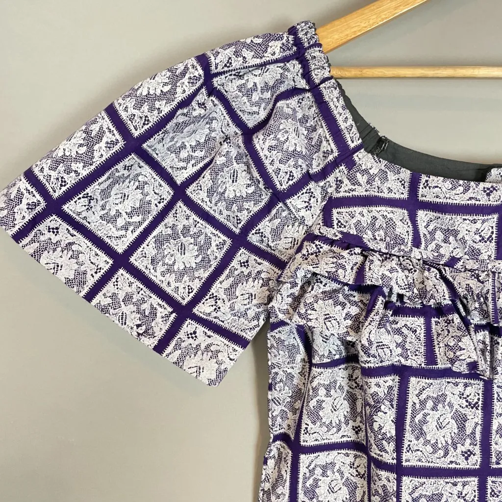 Handmade Blouse Lace Print Ruffled Short Puffed Sleeves Purple‎ White Top Women - Image 3