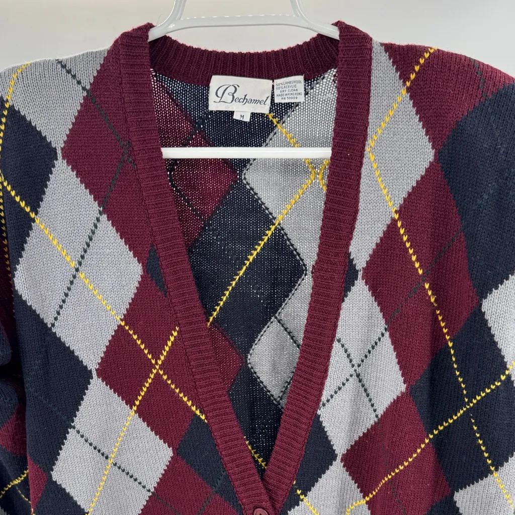 Bechamel Burgundy Argyle Cardigan Sweater lambs wool blend vintage preppy M Red Size M - Image 3