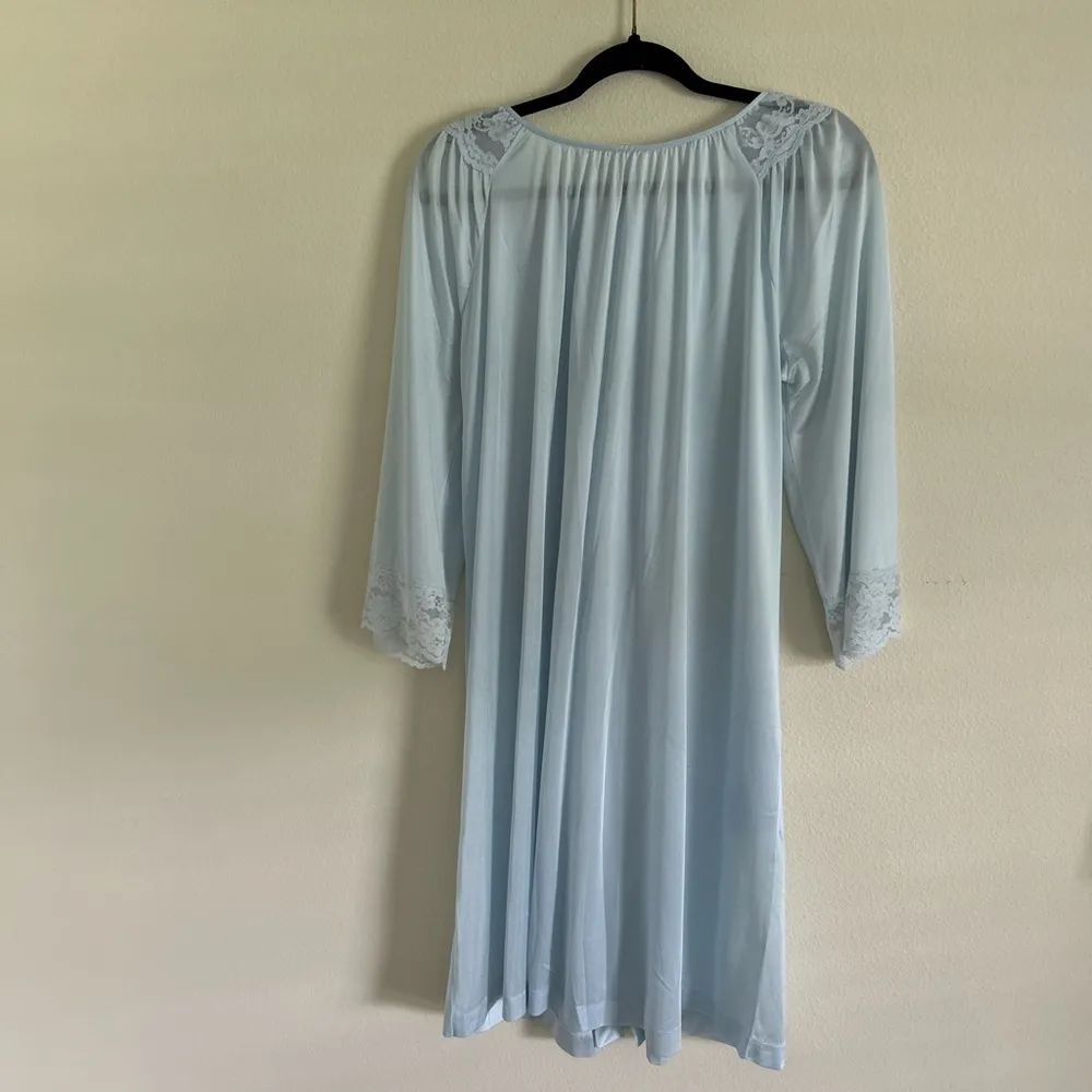 VTG baby blue nylon sheer lace trim button down nightgown midi dress S M L XL​ - Image 6