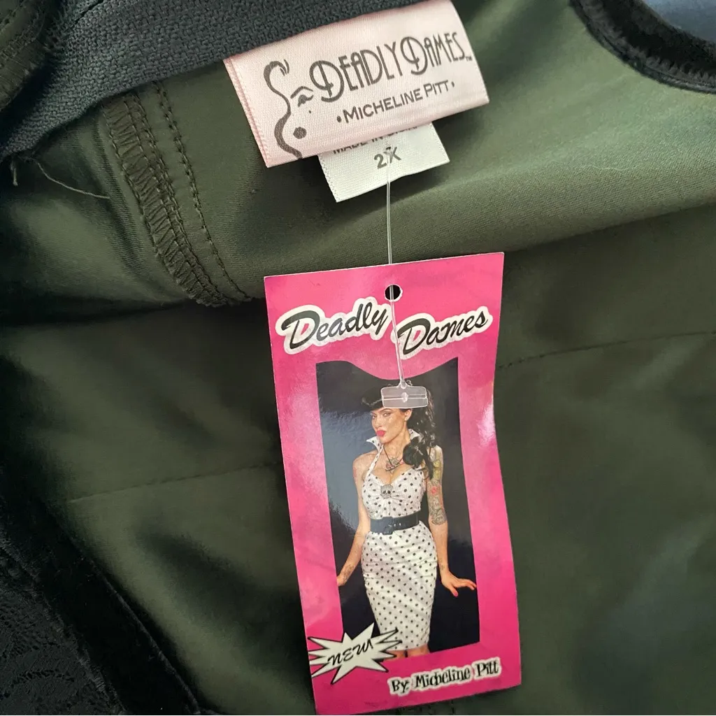 Deadly Dames NWTs Olive Green Black Lace Velvet Trim Wiggle Dress size 2X - Image 7