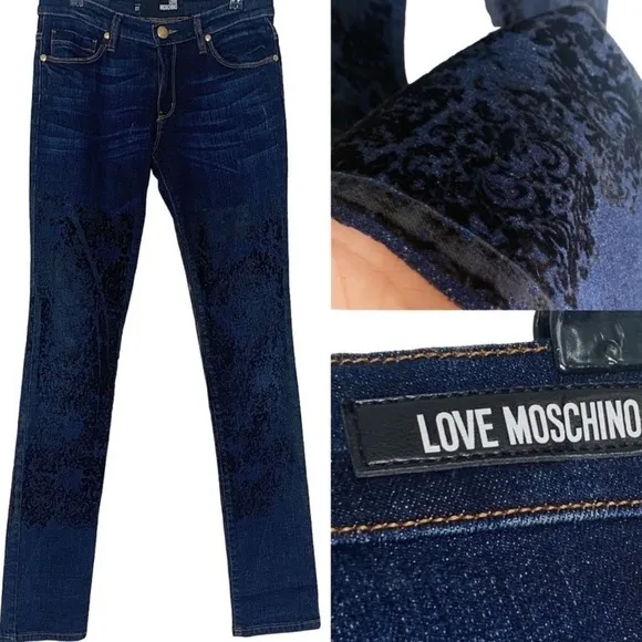LOVE MOSCHINO VELVET FELT DARK BLUE STRETCH SKINNY JEANS 26 - Image 2