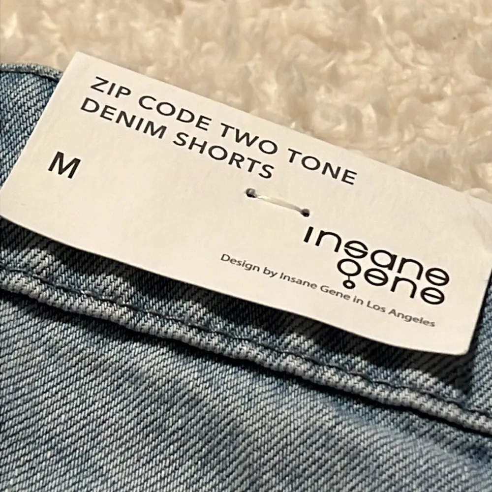 Insane Gene two tone denim shorts zip code size medium frayed edge unzips around Blue - Image 7