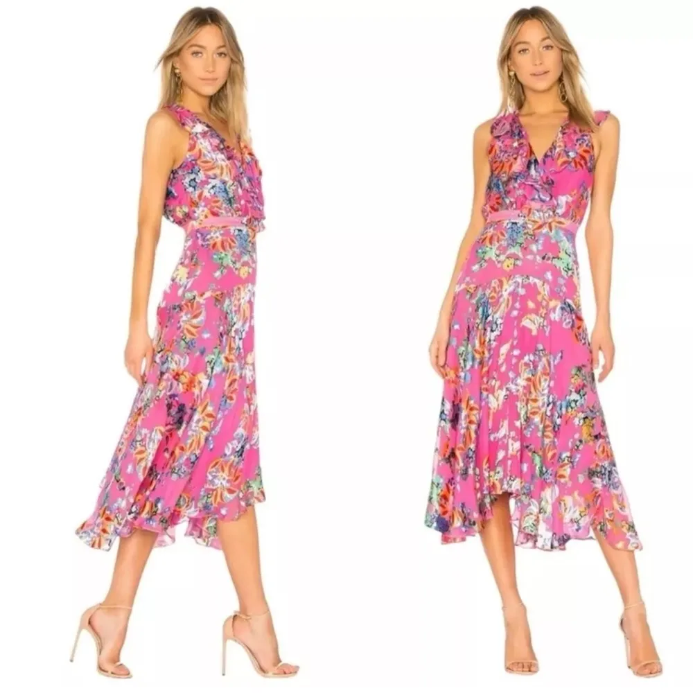 SALONI Rita Floral Silk Midi Dress in Pink Begonia Sz XS - Image 2