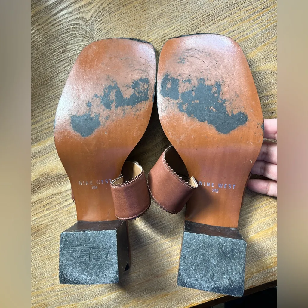 Vintage 90s Nine West Size 9 Brown Leather Square Toe Slide Sandal - Image 5