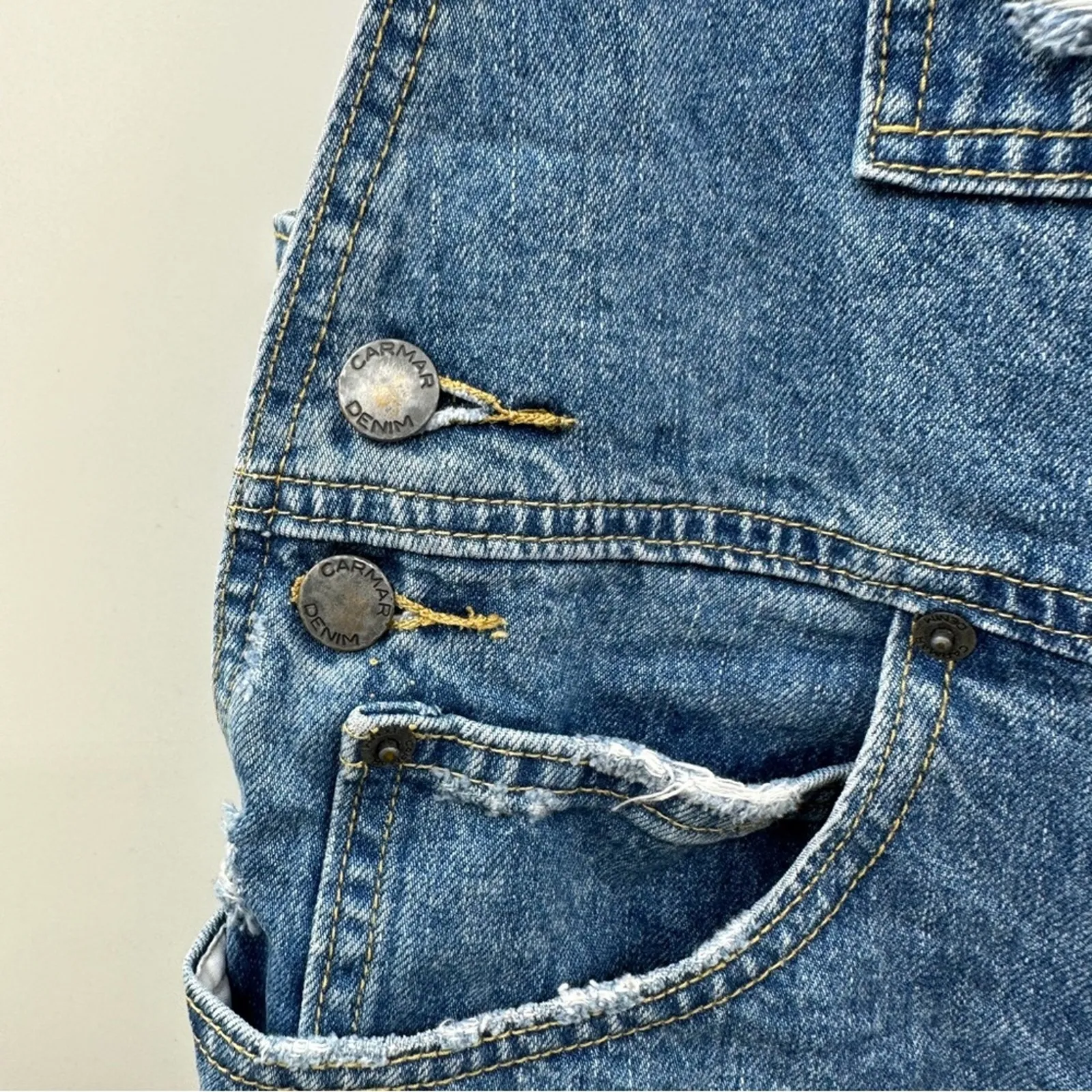 Carmar Denim Medium‎ Wash Distressed Cropped Straight Leg Overalls Size S Blue - Image 8