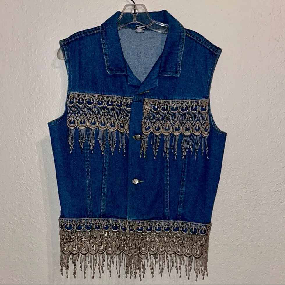 Vintage Denim Vest with Lace Crocheted Fringe Details Jean jacket denim jacket Size XXL - Image 2