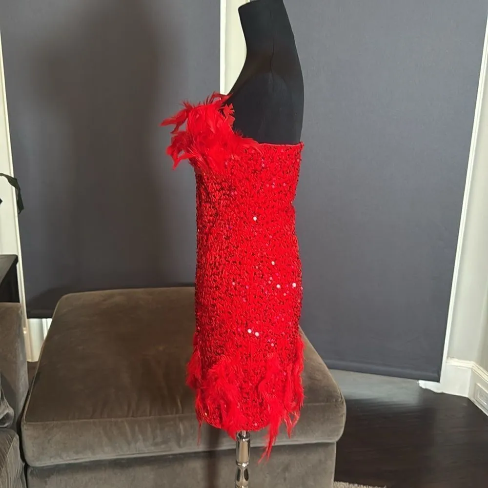 Women’s Short Red Strapless Sequined BodyCon Party Dress with Feathers Size L Size L - Image 15