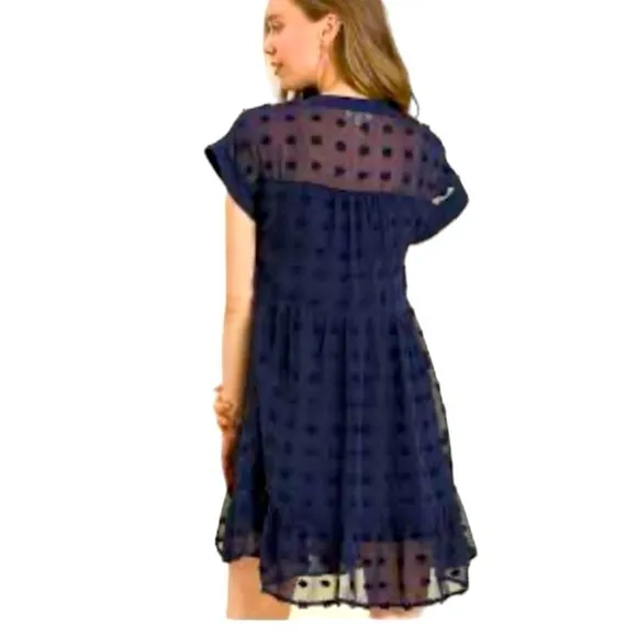 Umgee Swiss Dot Smocked Bodice Dress Size S Pom Pom Blue - Image 2