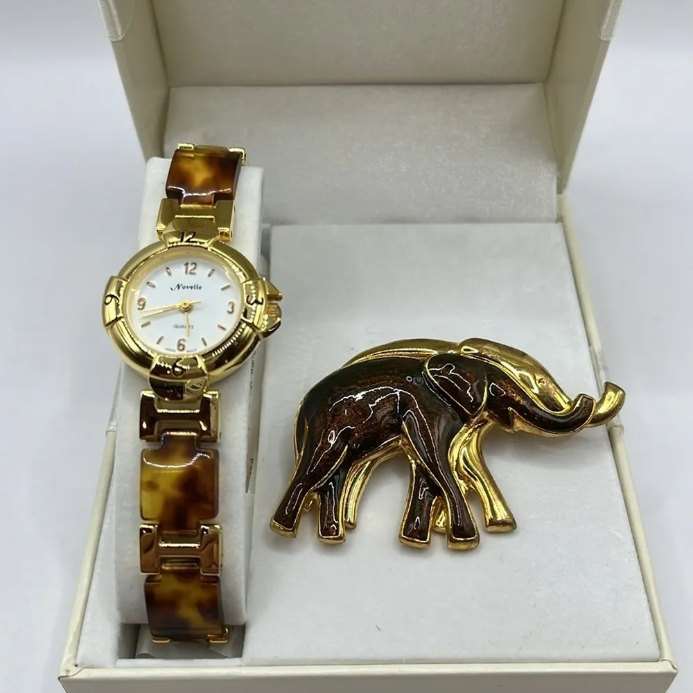Elephant Novelle watch Faux Tortoise Gold Tone Link Watch Pin Gift Set - Image 2