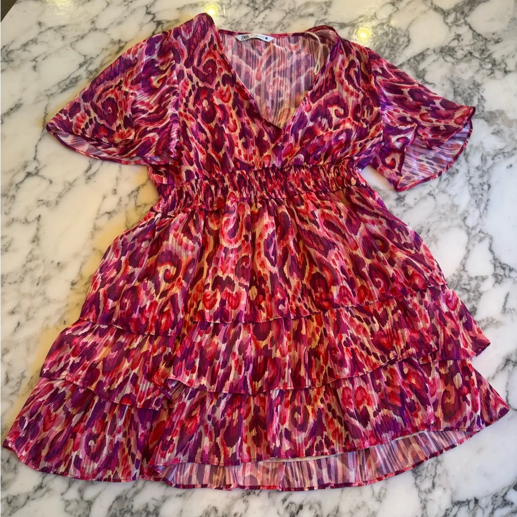 EUC Zara Vibrant Printed Metallic Pink Purple Patterned Tiered Mini Dress Sz XL - Image 7