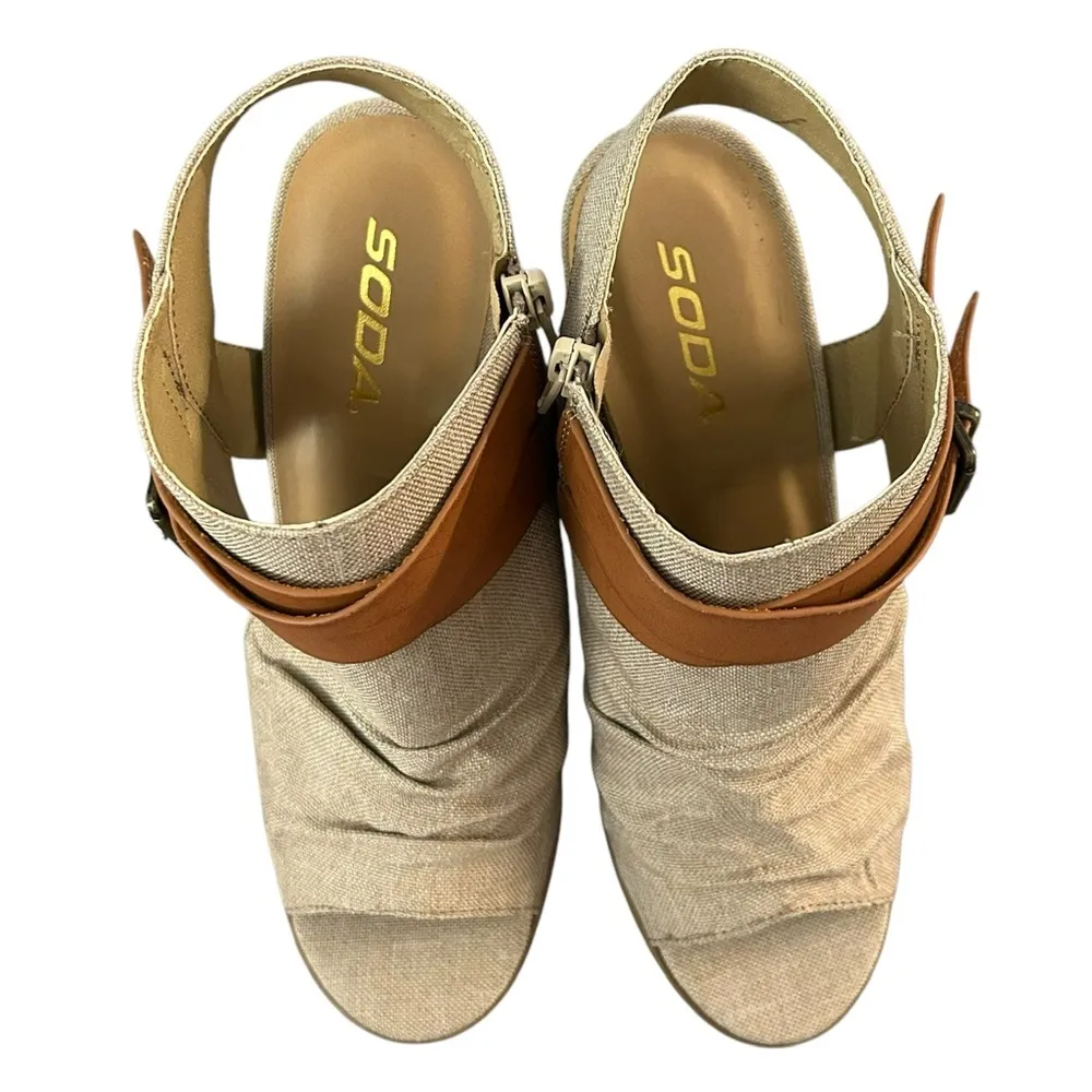Soda Shoes Womens 7.5 Peep Toe Buckle Booties Linen Tan Stacked Heel Coastal New - Image 11