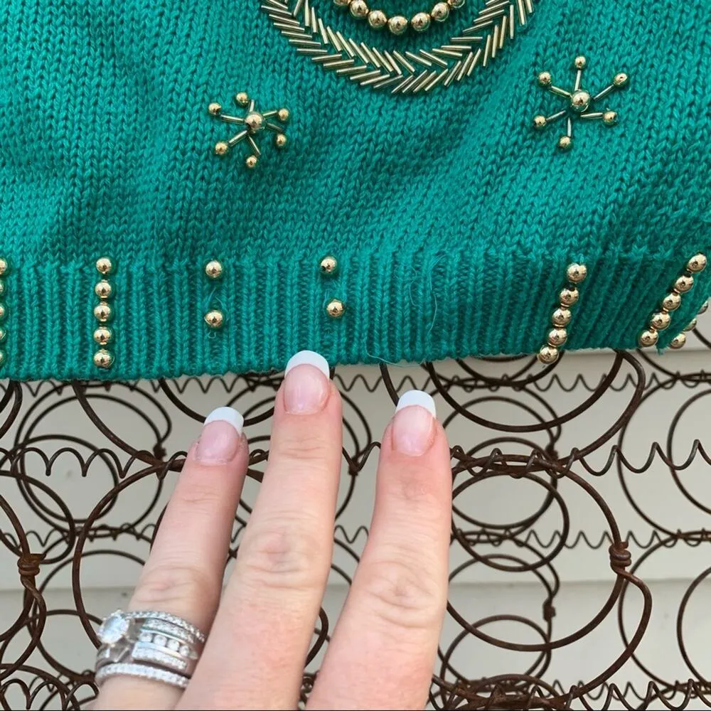Vintage 90s teal gold art deco beaded cowl neck tunic sweater MEDIUM Green - Image 3