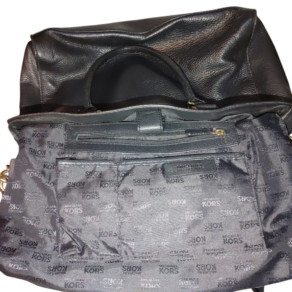 Michael Kors Satchel Hamilton Black Leather Handbag Gold Chain Strap Logo Plate - Image 5