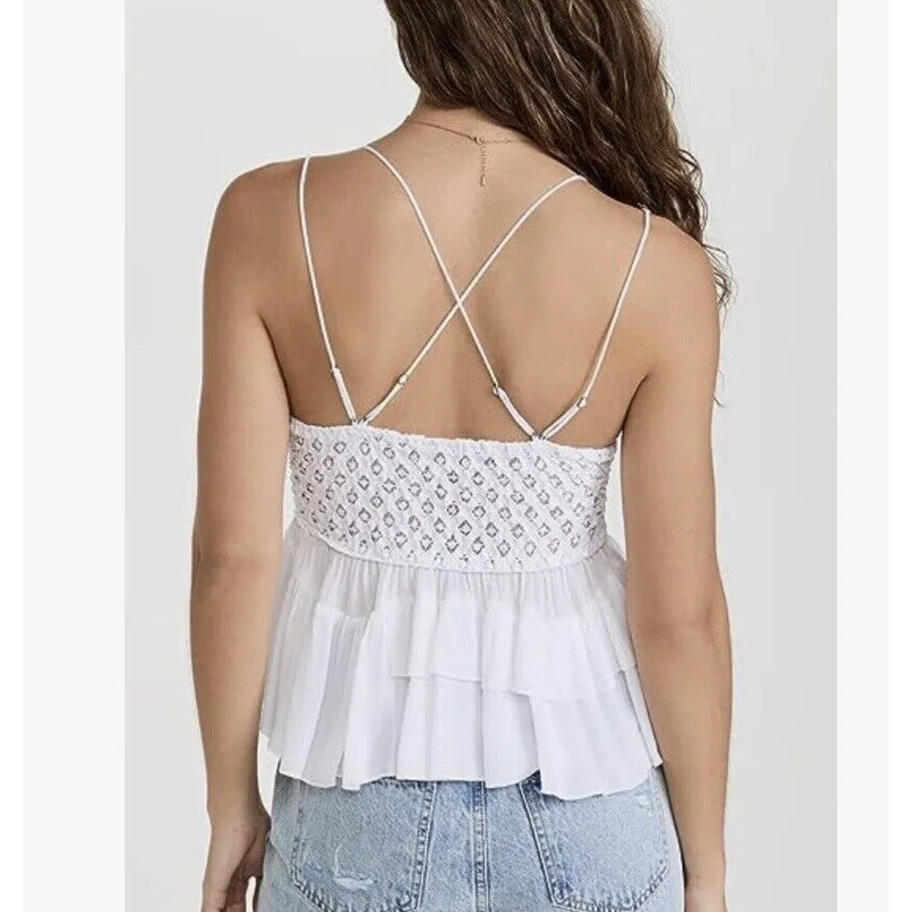 Free People Intimately Medium Adella Cami Top White Ruffled Crochet Lace Smocked - Image 7