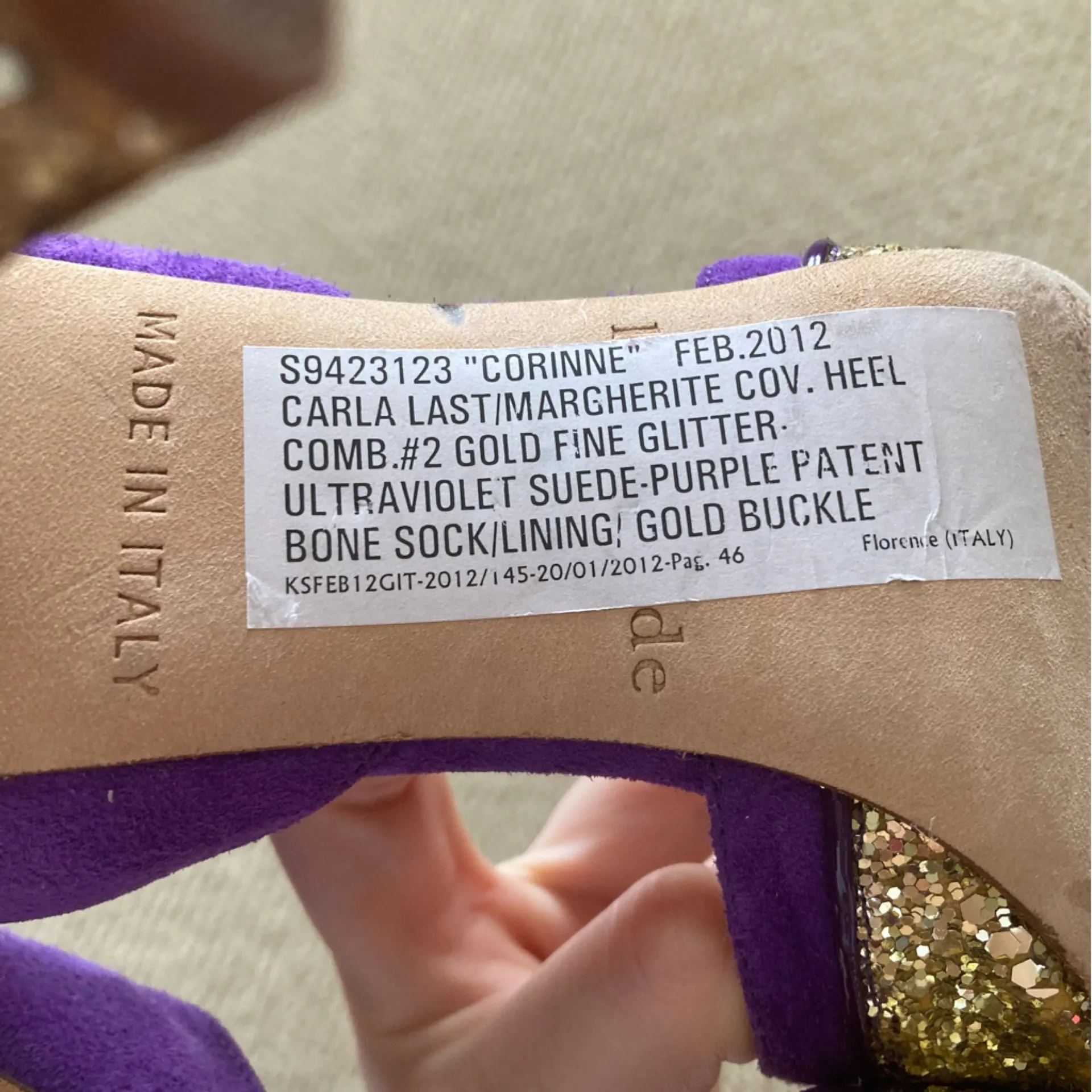 Kate Spade Corinne Carla Glitter Gold Purple High Heel Peep Toe Shoes Like New - Image 9