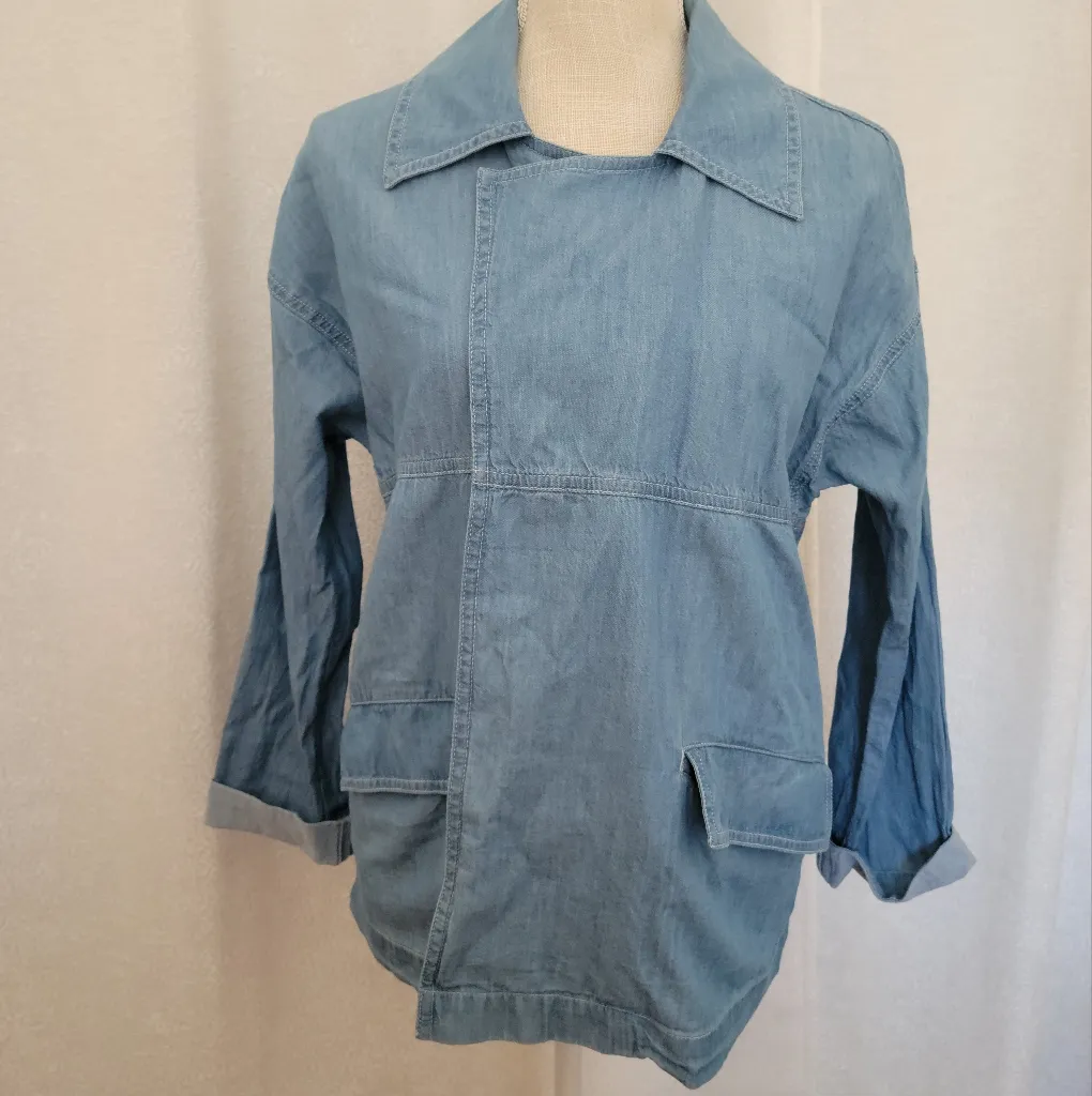 Caslon Chambray Blue Denim Open Front Utility Drape Collar Jacket - Image 7