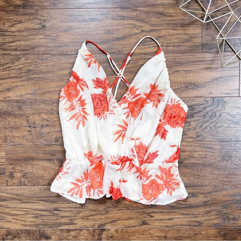 ASTR • Strappy Floral Cami draped surplice chiffon Red Taupe Floral cream orange - Image 3