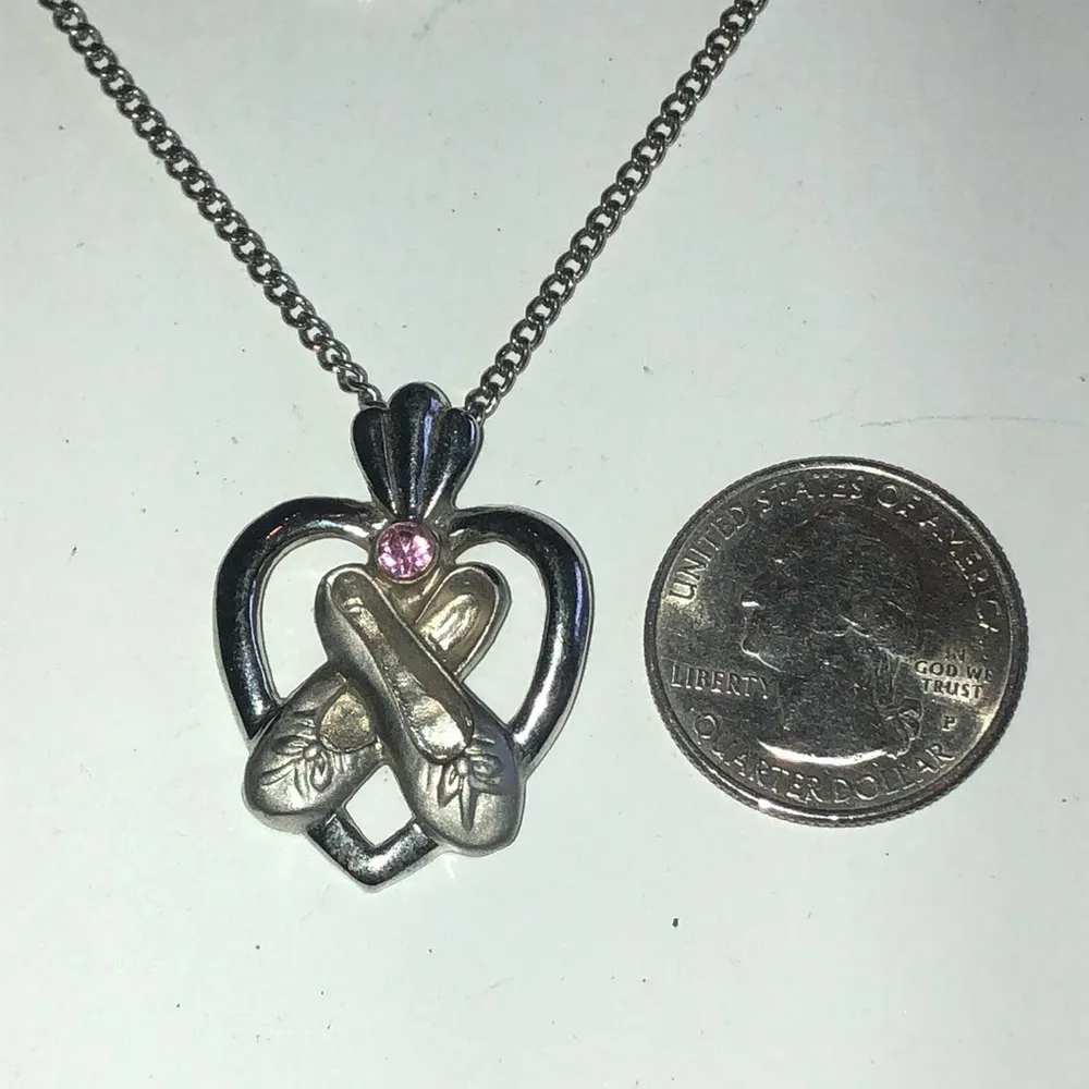 Enesco Vintage Silver Tone Heart Shape Ballerina Dancer Pink CZ Pendant Necklace - Image 3