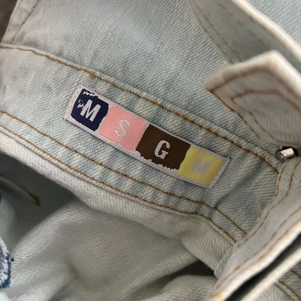 MSGM Denim Overall Jumper Dress Mini Women's Distressed Sz 36 Beaded 3D Flowers Blue - Image 11