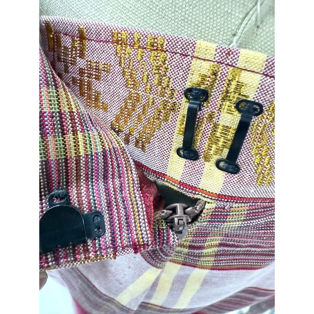 VTG 70s Maxi Skirt Cranberry/Pink Plaid Gold Metallic Thread Pleats Sz S/M Red Size M - Image 5