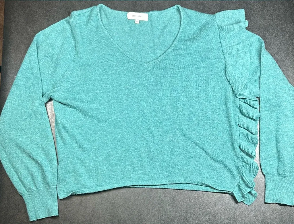 Anthropologie John + Jenn Size L Wool Ruffle Fine Gauge Knit Teal Sweater - Image 1
