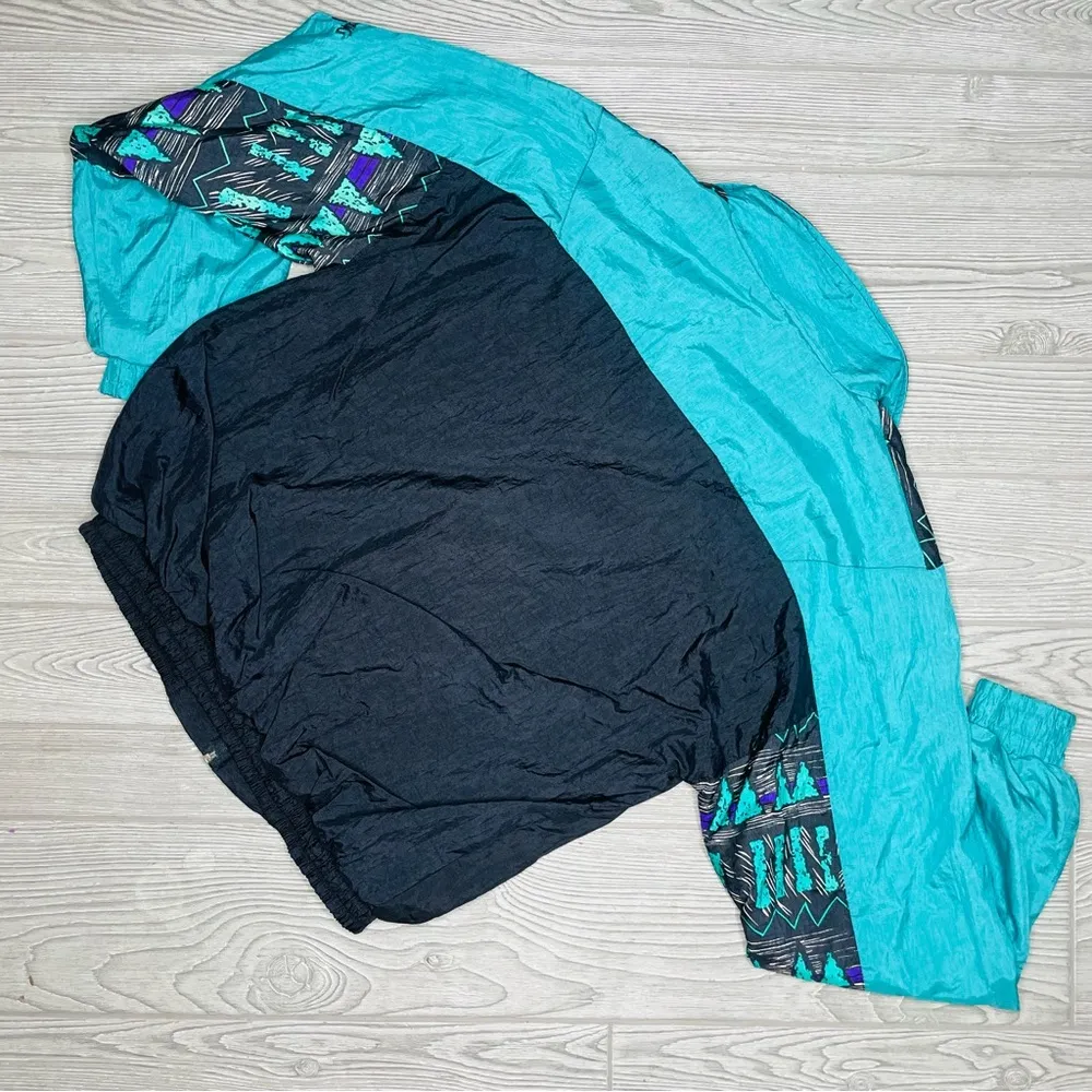 Spalding Vintage Windbreaker 90s Blue Abstract full zip long sleeve Jacket med - Image 4
