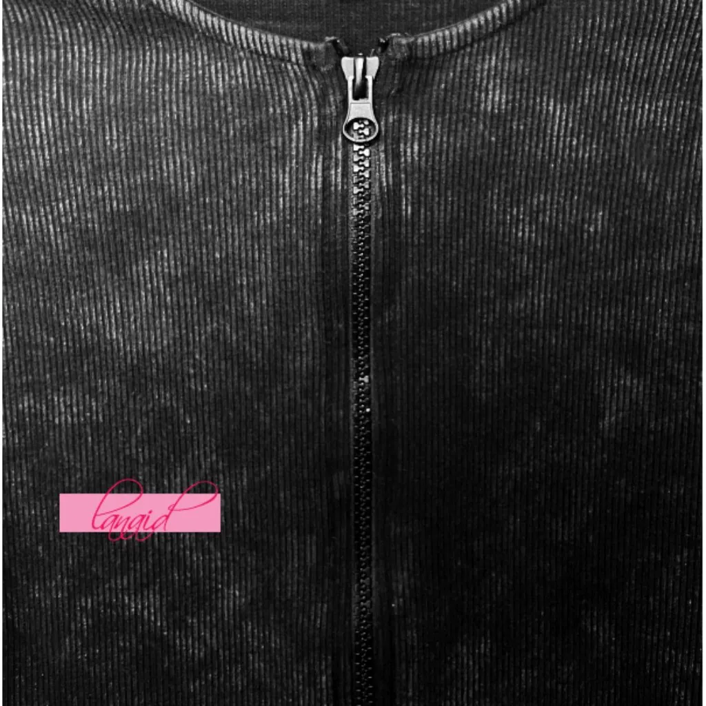 NEW ASOS Ribbed Top Black Double Zipper Acid-Washed Edgy V-Neck Henley Stretchy - Image 7