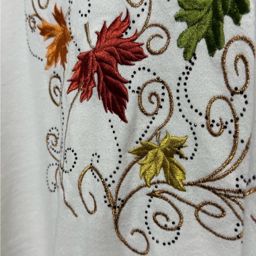 🍂 Cozy Fall Multicolor Leaf Embroidered Sweatshirt with Bead Embellishments 🍁 L White Size L - Image 10