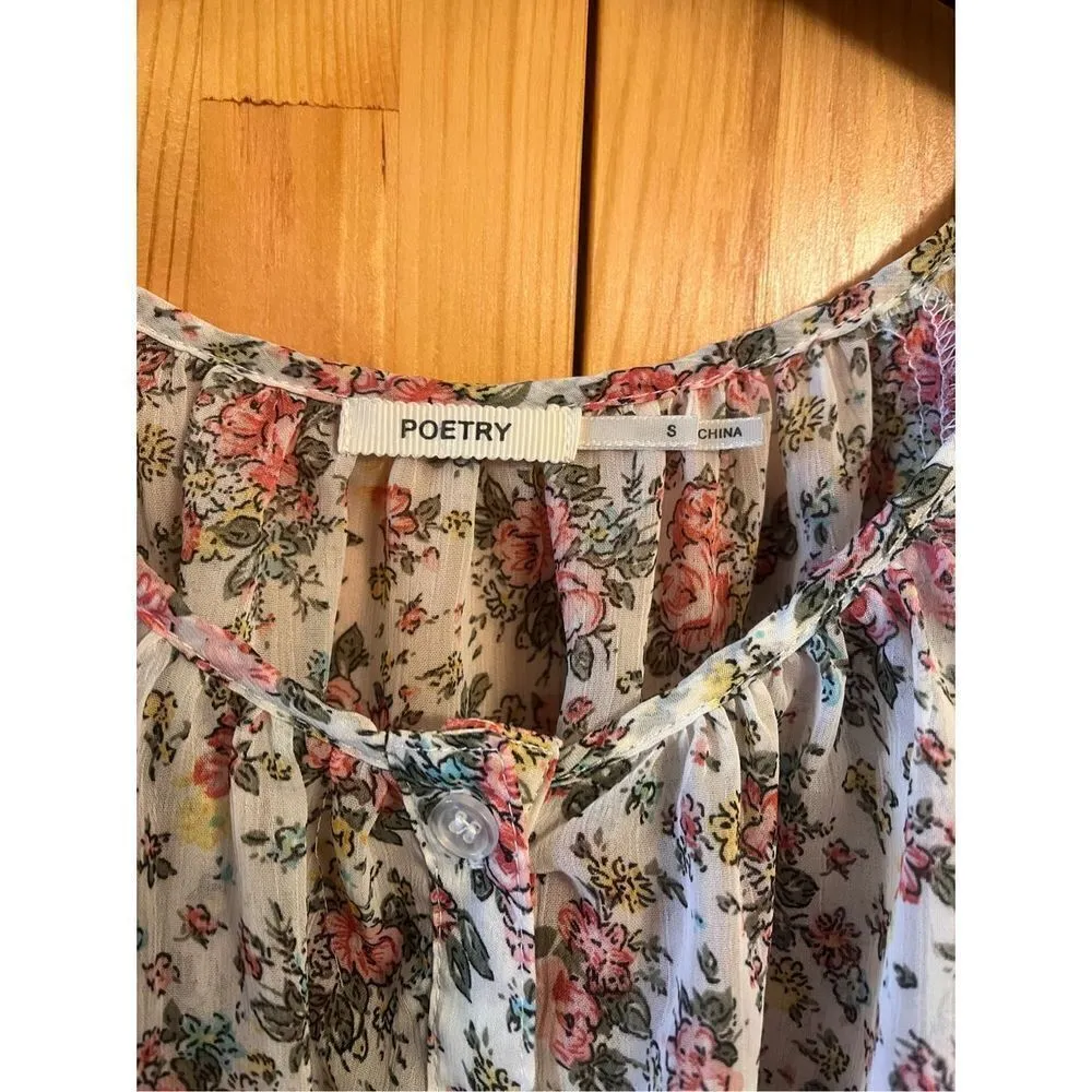 Poetry Women’s Sheer Button Up Tie Front Short Sleeve Blouse Floral Small (1557) - Image 2
