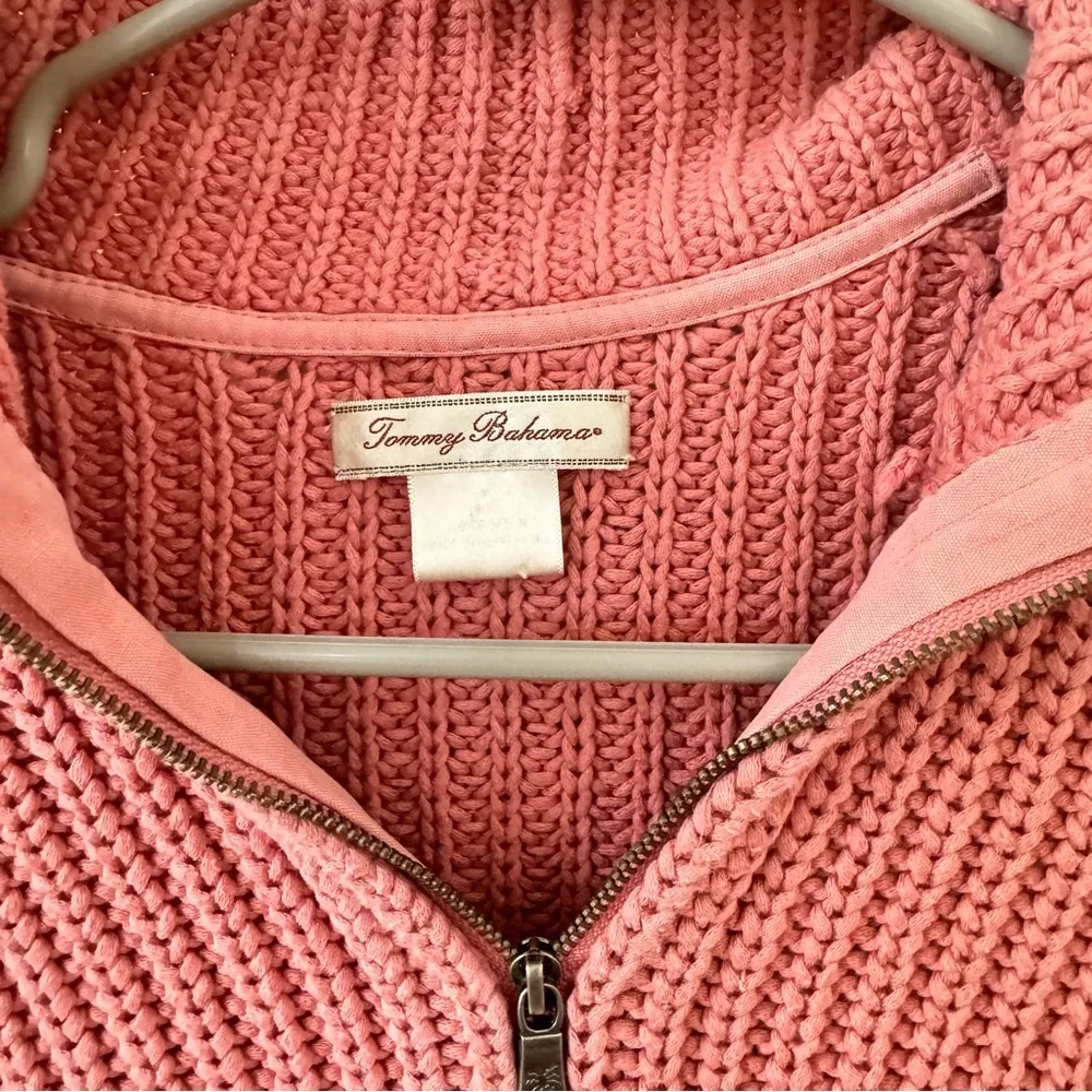 Tommy Bahama Vintage  Pink Chunky Knit Zip Up Collar Sweater 100% Cotton M - Image 3