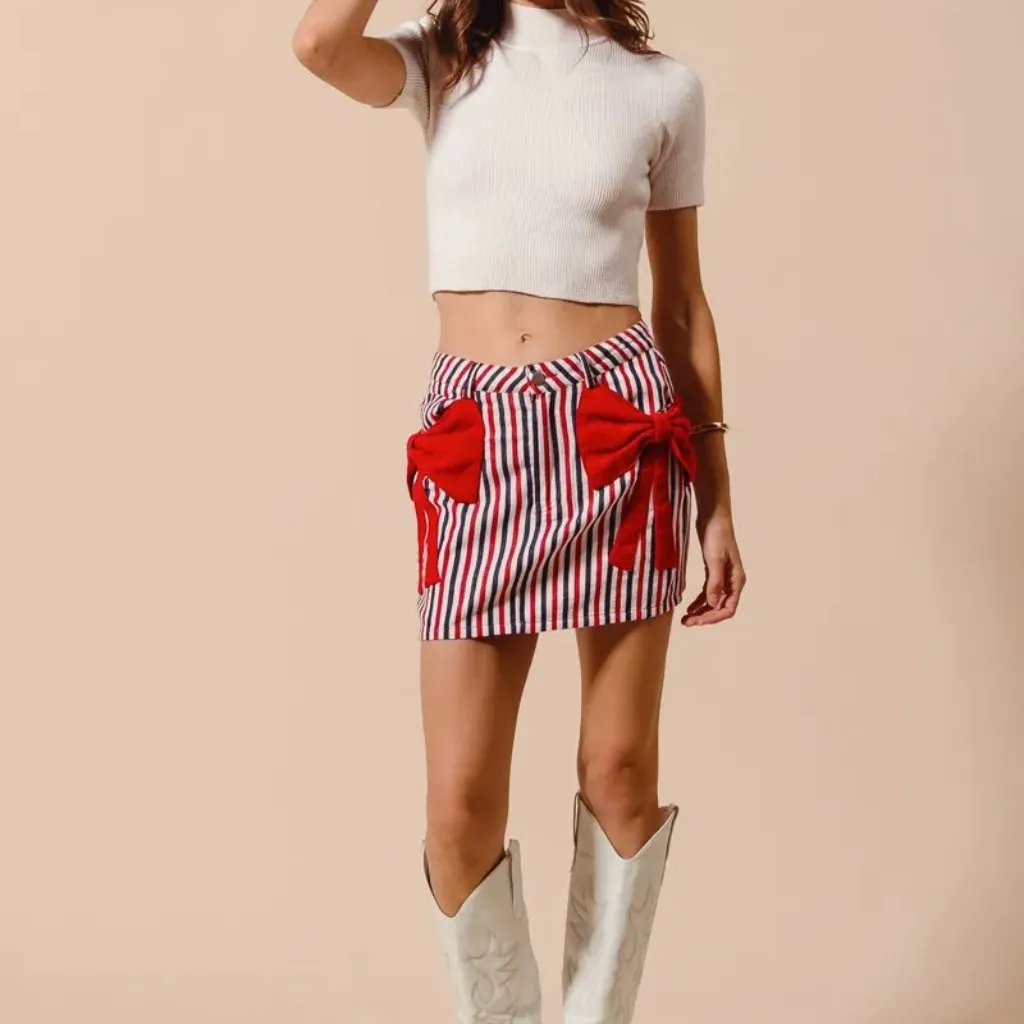 SO ME Contrast Bow Knot Pocket Fourth Of July Denim Skirt‎ Size L - Image 7